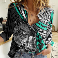 Personalised Polynesia Skull Women Casual Shirt Tattoo In The Style Of Maori With Marine Life Aqua - Wonder Print Shop