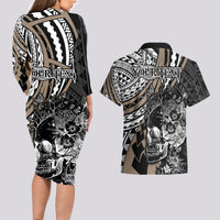 Personalised Polynesia Skull Couples Matching Long Sleeve Bodycon Dress and Hawaiian Shirt Tattoo In The Style Of Maori With Marine Life Gold LT9 - Wonder Print Shop