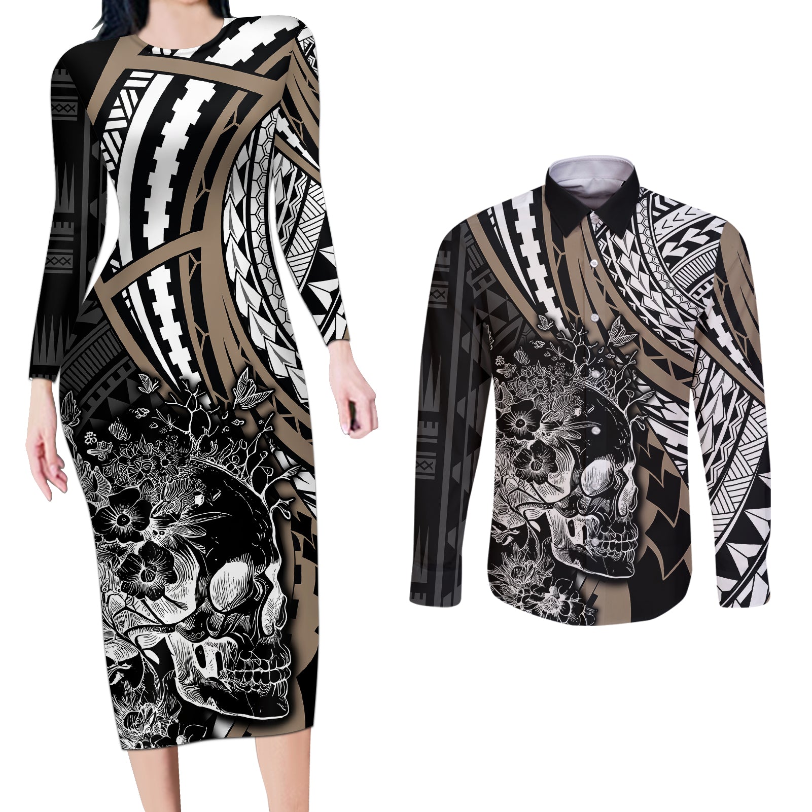 Personalised Polynesia Skull Couples Matching Long Sleeve Bodycon Dress and Long Sleeve Button Shirts Tattoo In The Style Of Maori With Marine Life Gold LT9 - Wonder Print Shop