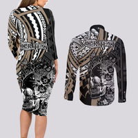 Personalised Polynesia Skull Couples Matching Long Sleeve Bodycon Dress and Long Sleeve Button Shirts Tattoo In The Style Of Maori With Marine Life Gold LT9 - Wonder Print Shop