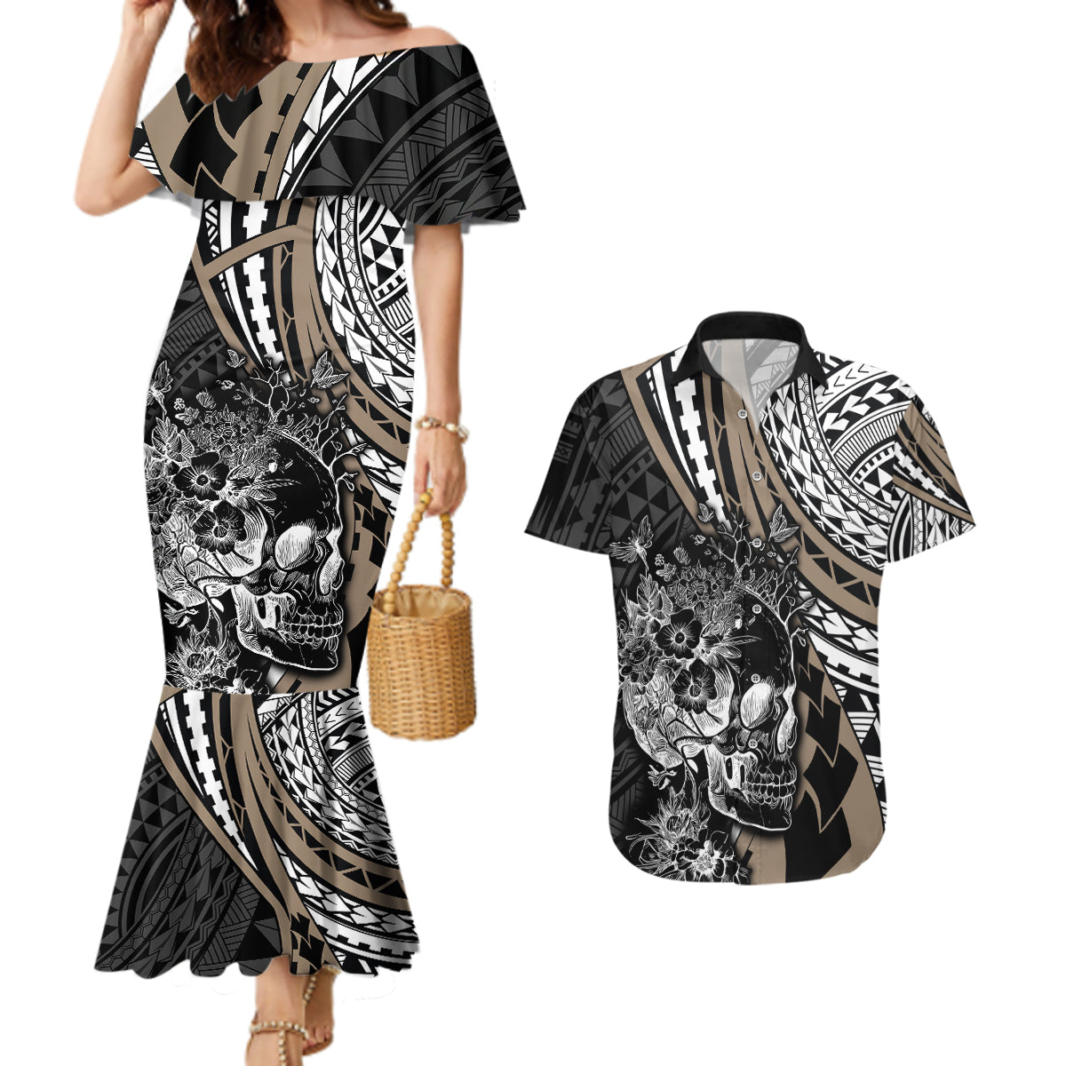 Personalised Polynesia Skull Couples Matching Mermaid Dress and Hawaiian Shirt Tattoo In The Style Of Maori With Marine Life Gold LT9 - Wonder Print Shop