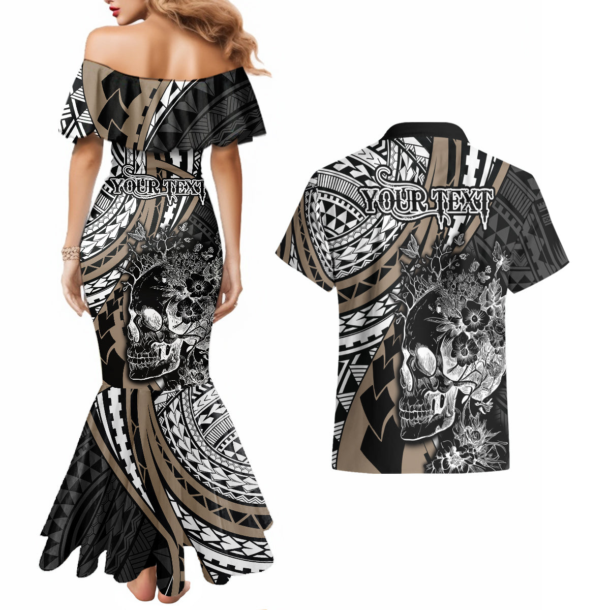 Personalised Polynesia Skull Couples Matching Mermaid Dress and Hawaiian Shirt Tattoo In The Style Of Maori With Marine Life Gold LT9 - Wonder Print Shop