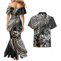 Personalised Polynesia Skull Couples Matching Mermaid Dress and Hawaiian Shirt Tattoo In The Style Of Maori With Marine Life Gold LT9 - Wonder Print Shop