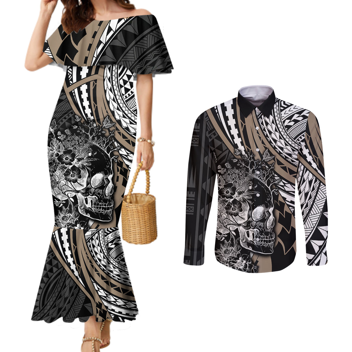 personalised-polynesia-skull-couples-matching-mermaid-dress-and-long-sleeve-button-shirts-tattoo-in-the-style-of-maori-with-marine-life-gold