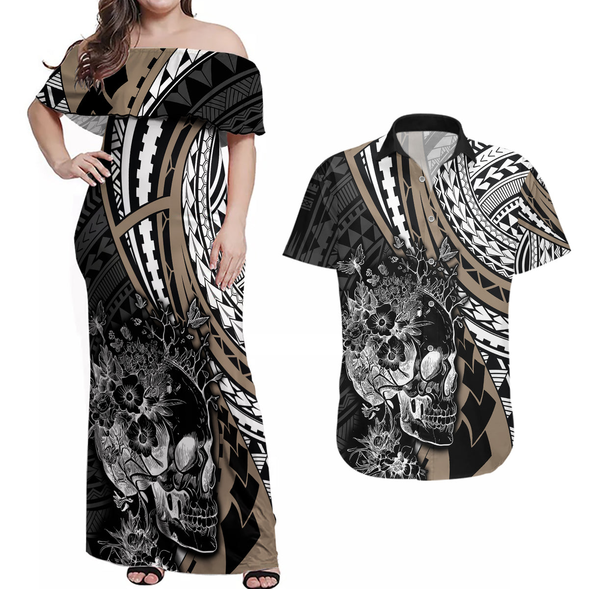 Personalised Polynesia Skull Couples Matching Off Shoulder Maxi Dress and Hawaiian Shirt Tattoo In The Style Of Maori With Marine Life Gold LT9 - Wonder Print Shop