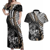 Personalised Polynesia Skull Couples Matching Off Shoulder Maxi Dress and Hawaiian Shirt Tattoo In The Style Of Maori With Marine Life Gold LT9 - Wonder Print Shop