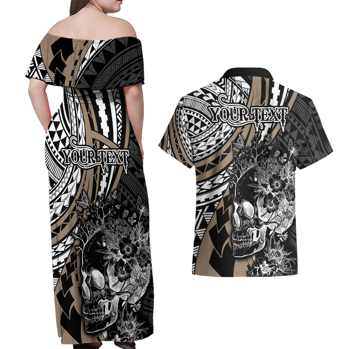 Personalised Polynesia Skull Couples Matching Off Shoulder Maxi Dress and Hawaiian Shirt Tattoo In The Style Of Maori With Marine Life Gold LT9 - Wonder Print Shop