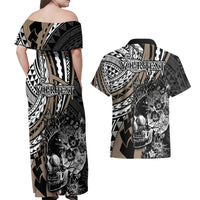 Personalised Polynesia Skull Couples Matching Off Shoulder Maxi Dress and Hawaiian Shirt Tattoo In The Style Of Maori With Marine Life Gold LT9 - Wonder Print Shop
