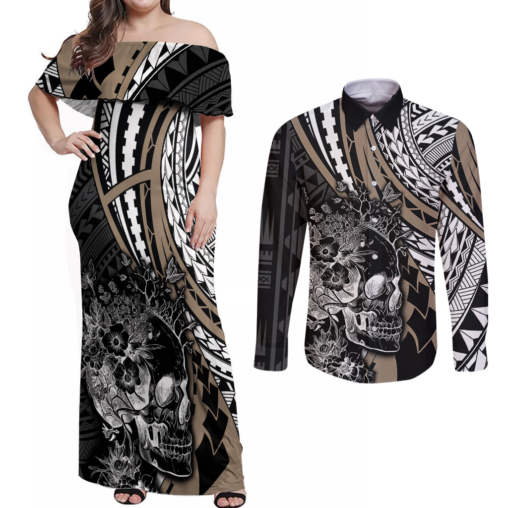 Personalised Polynesia Skull Couples Matching Off Shoulder Maxi Dress and Long Sleeve Button Shirts Tattoo In The Style Of Maori With Marine Life Gold LT9 - Wonder Print Shop