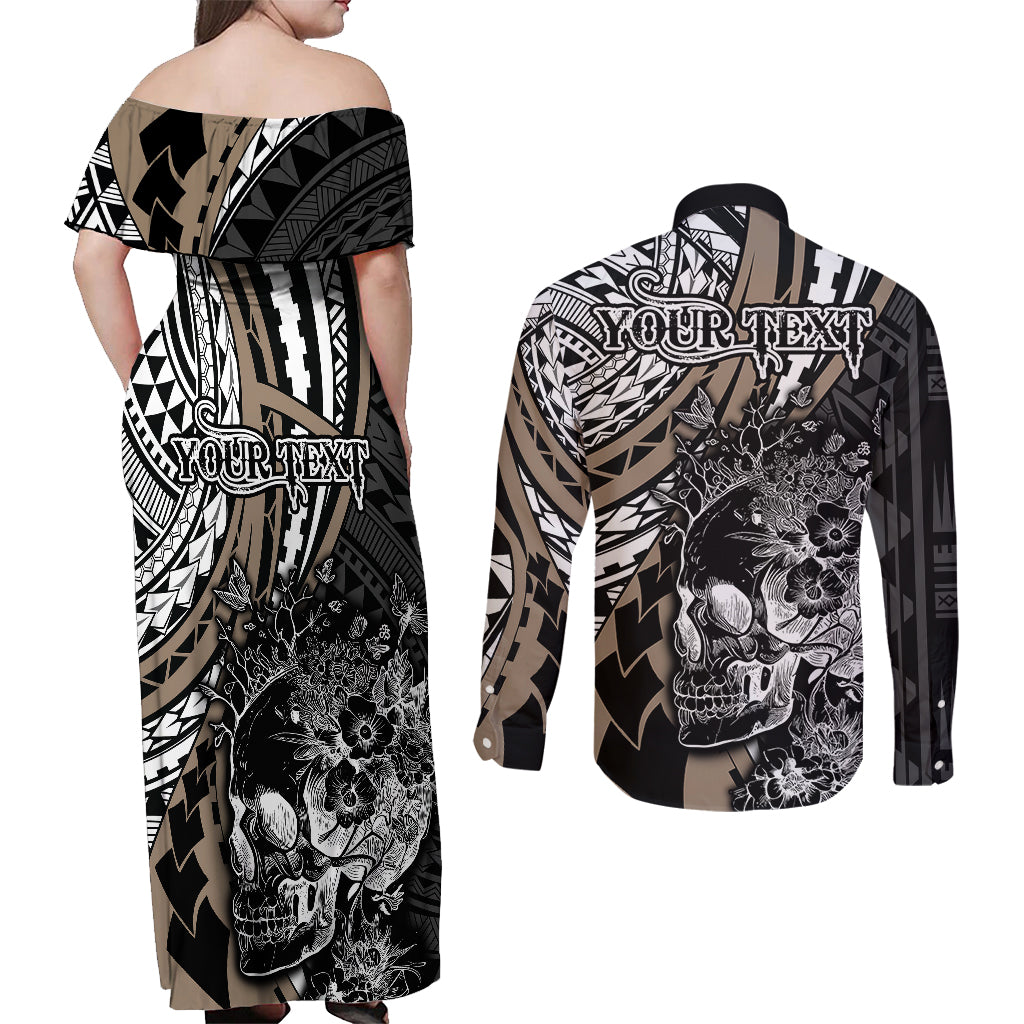 Personalised Polynesia Skull Couples Matching Off Shoulder Maxi Dress and Long Sleeve Button Shirts Tattoo In The Style Of Maori With Marine Life Gold LT9 - Wonder Print Shop