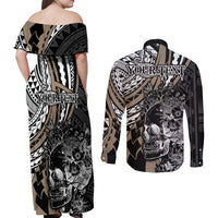 Personalised Polynesia Skull Couples Matching Off Shoulder Maxi Dress and Long Sleeve Button Shirts Tattoo In The Style Of Maori With Marine Life Gold LT9 - Wonder Print Shop