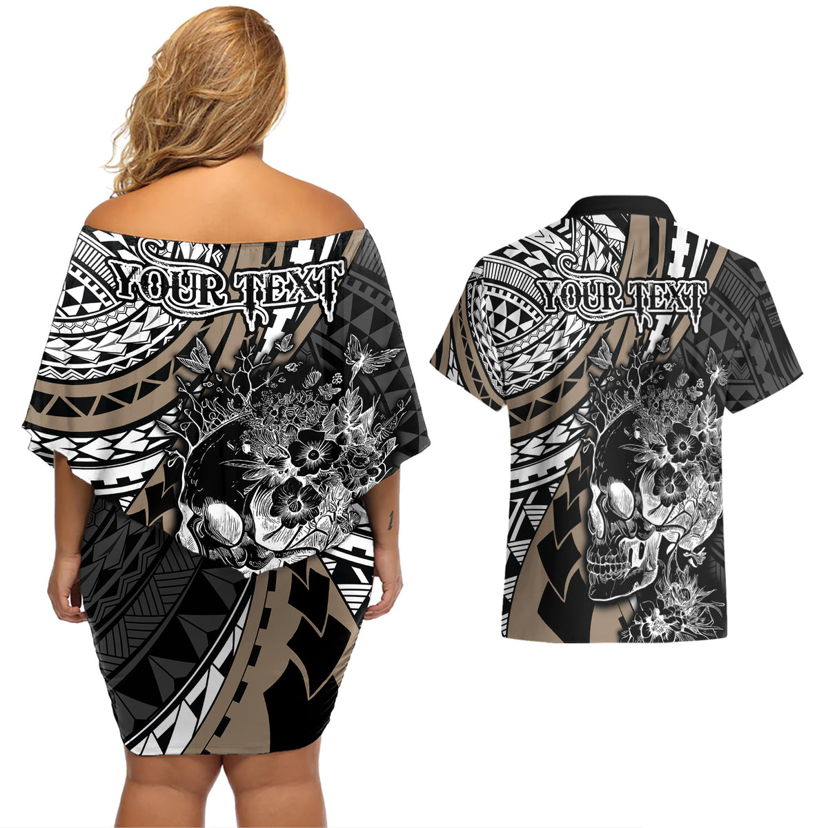 Personalised Polynesia Skull Couples Matching Off Shoulder Short Dress and Hawaiian Shirt Tattoo In The Style Of Maori With Marine Life Gold LT9 - Wonder Print Shop