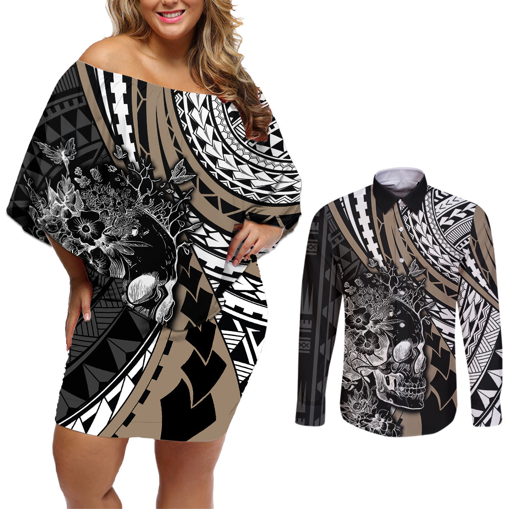 Personalised Polynesia Skull Couples Matching Off Shoulder Short Dress and Long Sleeve Button Shirts Tattoo In The Style Of Maori With Marine Life Gold LT9 - Wonder Print Shop