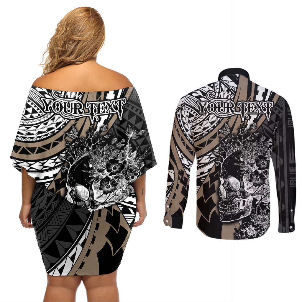 Personalised Polynesia Skull Couples Matching Off Shoulder Short Dress and Long Sleeve Button Shirts Tattoo In The Style Of Maori With Marine Life Gold LT9 - Wonder Print Shop
