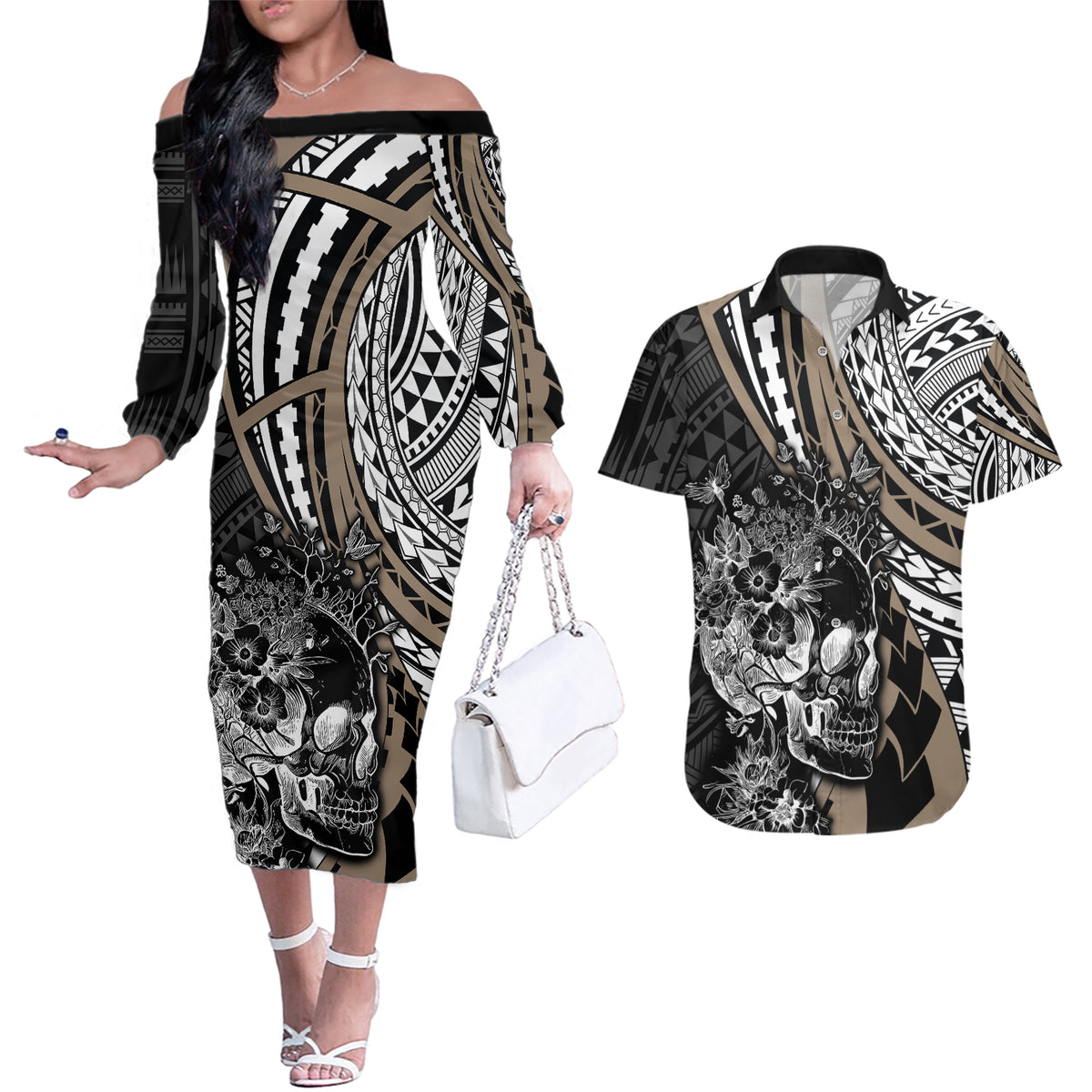 Personalised Polynesia Skull Couples Matching Off The Shoulder Long Sleeve Dress and Hawaiian Shirt Tattoo In The Style Of Maori With Marine Life Gold LT9 - Wonder Print Shop