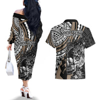 Personalised Polynesia Skull Couples Matching Off The Shoulder Long Sleeve Dress and Hawaiian Shirt Tattoo In The Style Of Maori With Marine Life Gold LT9 - Wonder Print Shop