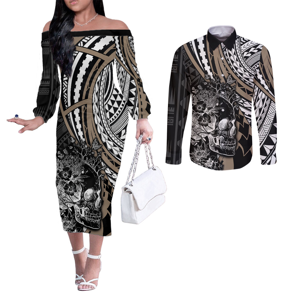 personalised-polynesia-skull-couples-matching-off-the-shoulder-long-sleeve-dress-and-long-sleeve-button-shirts-tattoo-in-the-style-of-maori-with-marine-life-gold