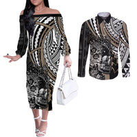 personalised-polynesia-skull-couples-matching-off-the-shoulder-long-sleeve-dress-and-long-sleeve-button-shirts-tattoo-in-the-style-of-maori-with-marine-life-gold