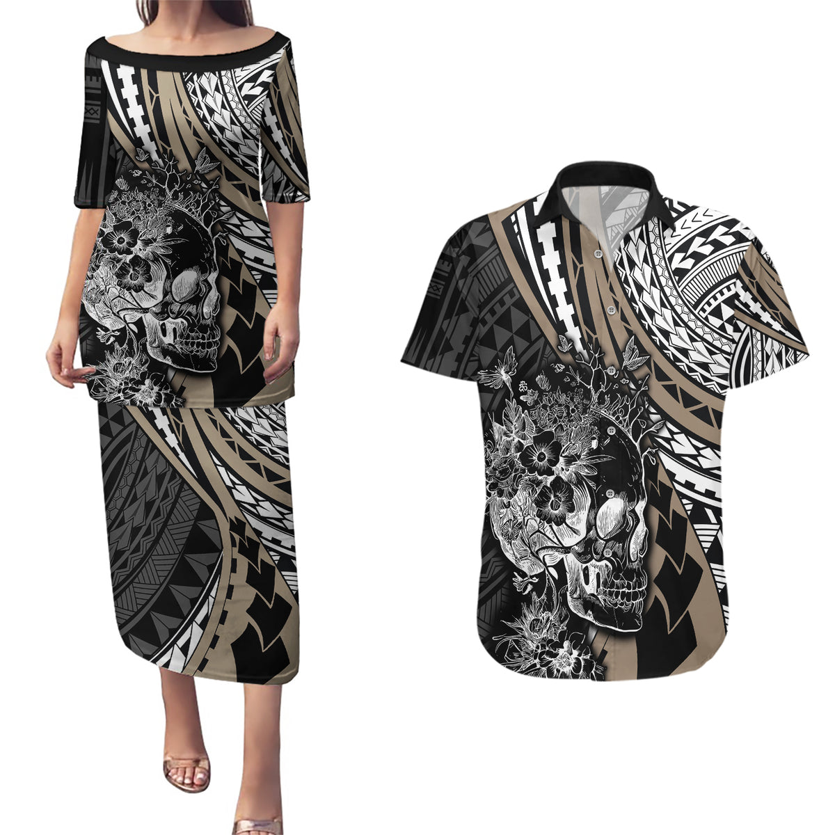 Personalised Polynesia Skull Couples Matching Puletasi Dress and Hawaiian Shirt Tattoo In The Style Of Maori With Marine Life Gold LT9 - Wonder Print Shop