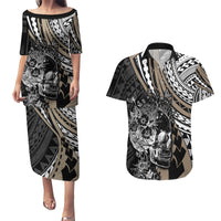 Personalised Polynesia Skull Couples Matching Puletasi Dress and Hawaiian Shirt Tattoo In The Style Of Maori With Marine Life Gold LT9 - Wonder Print Shop