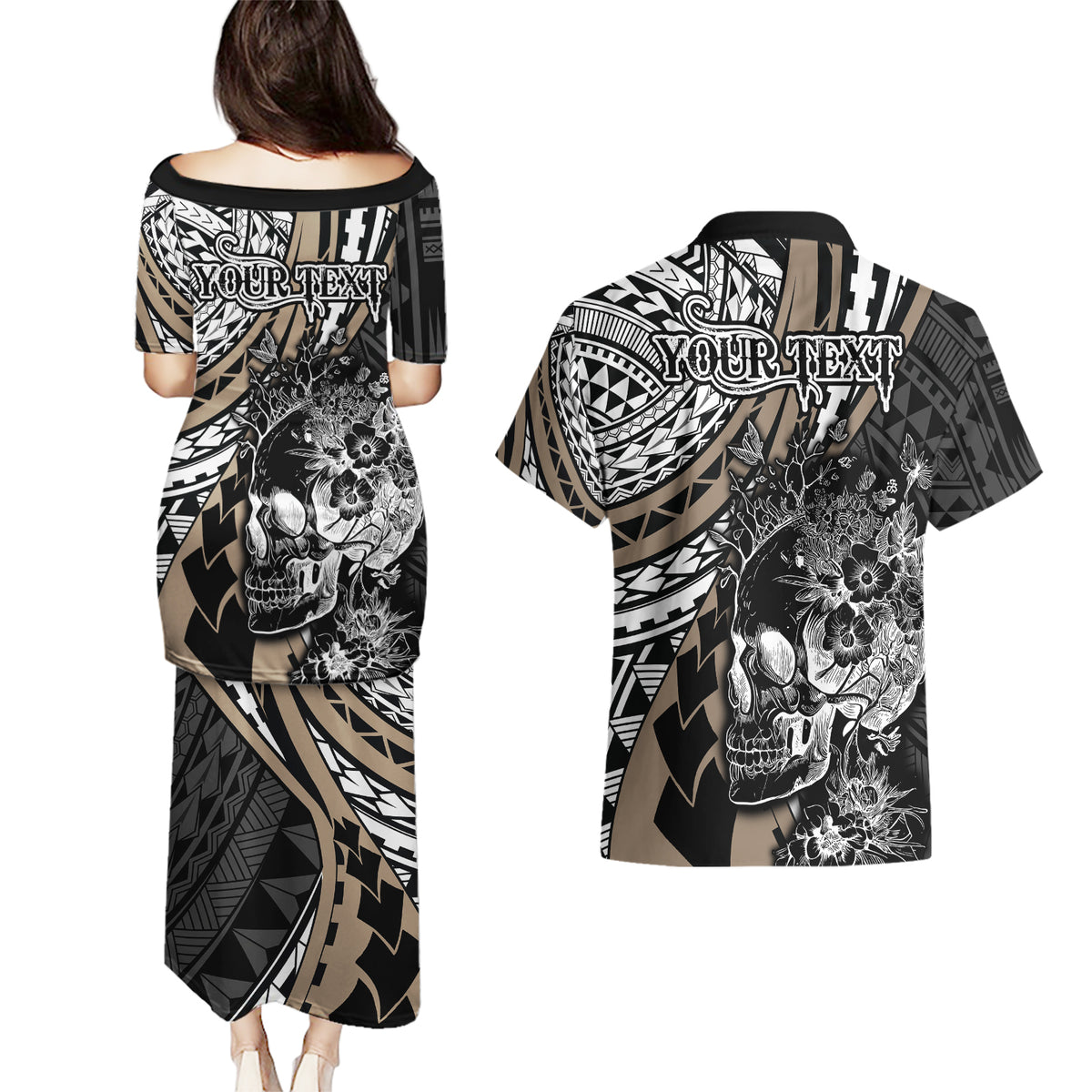 Personalised Polynesia Skull Couples Matching Puletasi Dress and Hawaiian Shirt Tattoo In The Style Of Maori With Marine Life Gold LT9 - Wonder Print Shop