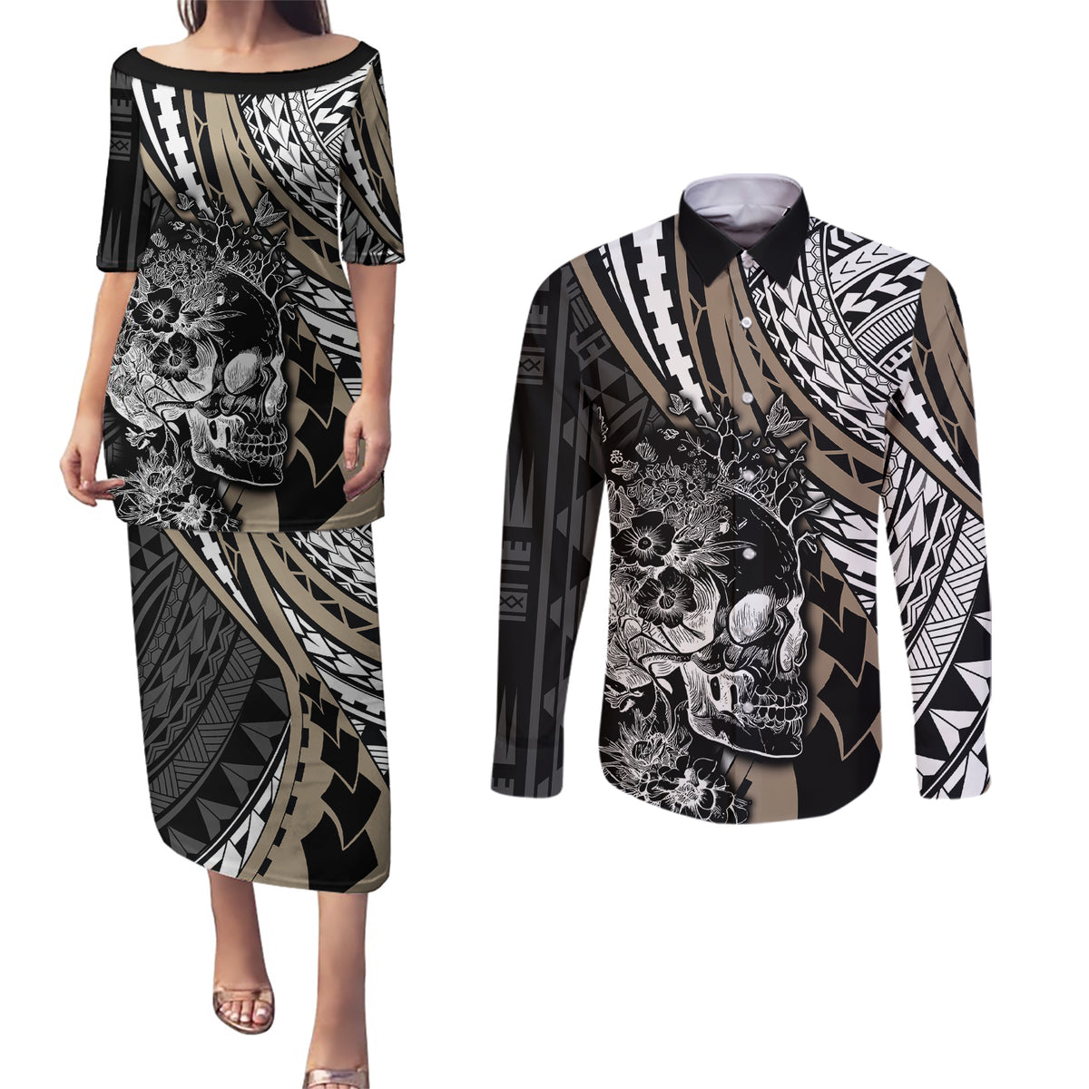 Personalised Polynesia Skull Couples Matching Puletasi Dress and Long Sleeve Button Shirts Tattoo In The Style Of Maori With Marine Life Gold LT9 - Wonder Print Shop