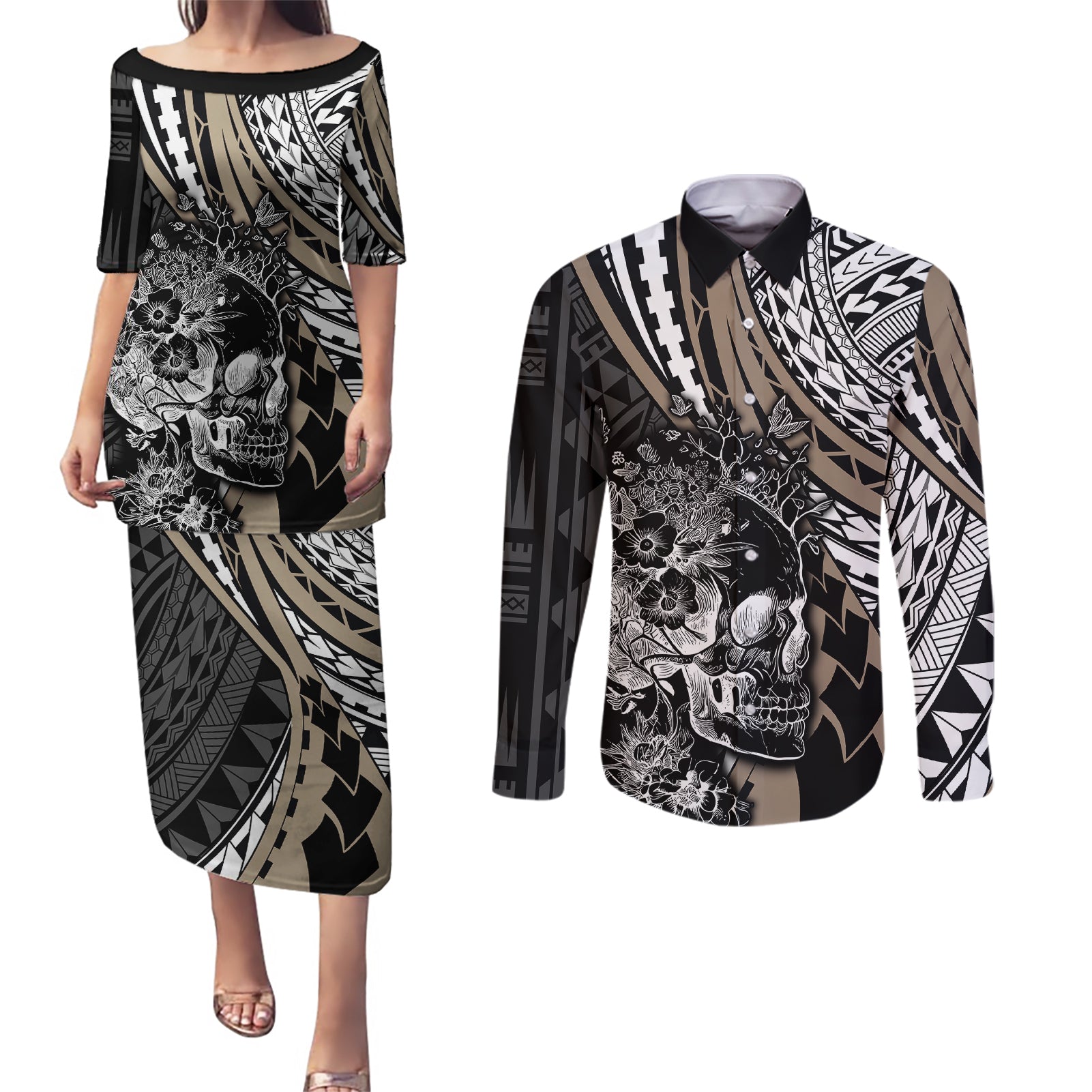 Personalised Polynesia Skull Couples Matching Puletasi Dress and Long Sleeve Button Shirts Tattoo In The Style Of Maori With Marine Life Gold LT9 - Wonder Print Shop