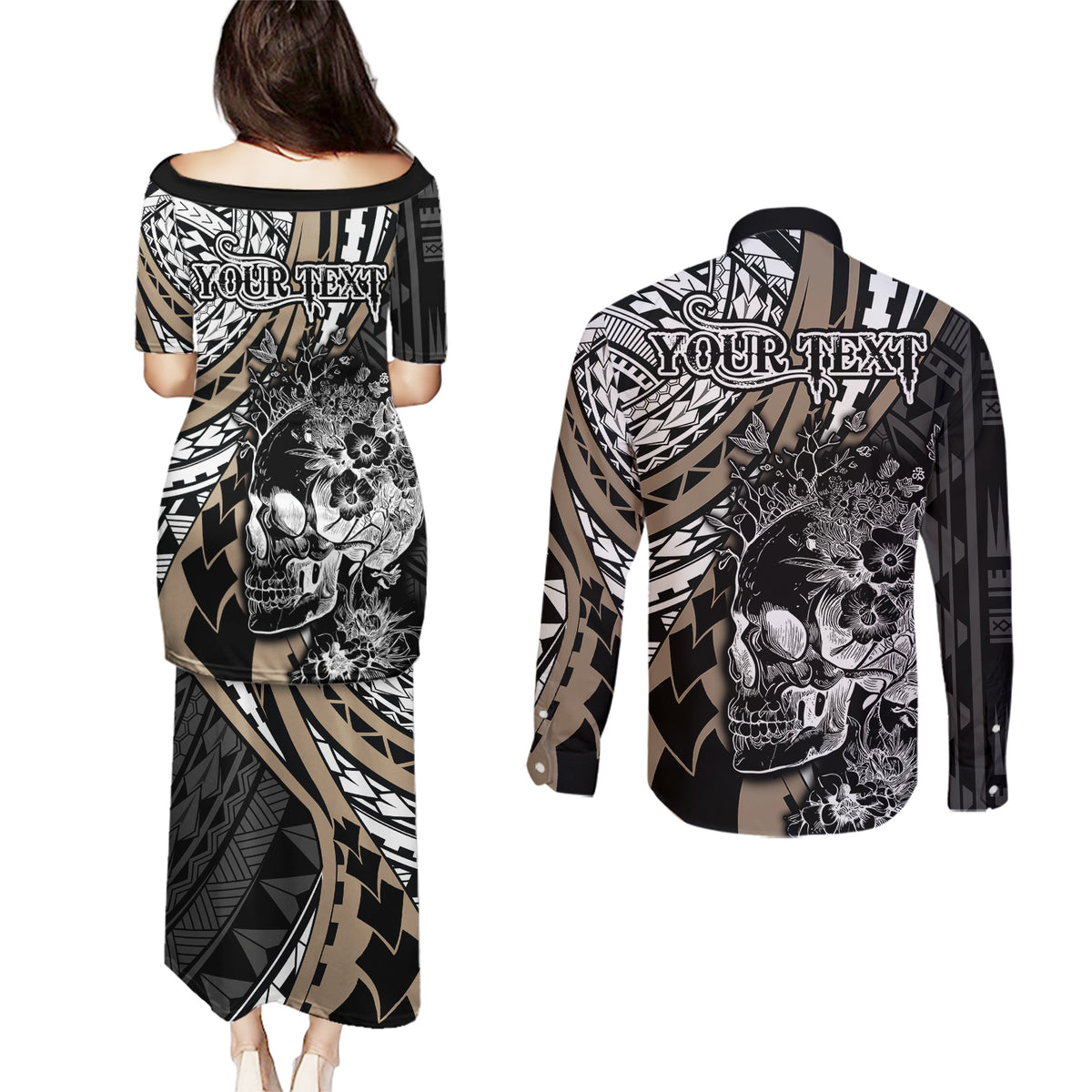 Personalised Polynesia Skull Couples Matching Puletasi Dress and Long Sleeve Button Shirts Tattoo In The Style Of Maori With Marine Life Gold LT9 - Wonder Print Shop