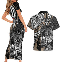 Personalised Polynesia Skull Couples Matching Short Sleeve Bodycon Dress and Hawaiian Shirt Tattoo In The Style Of Maori With Marine Life Gold LT9 - Wonder Print Shop