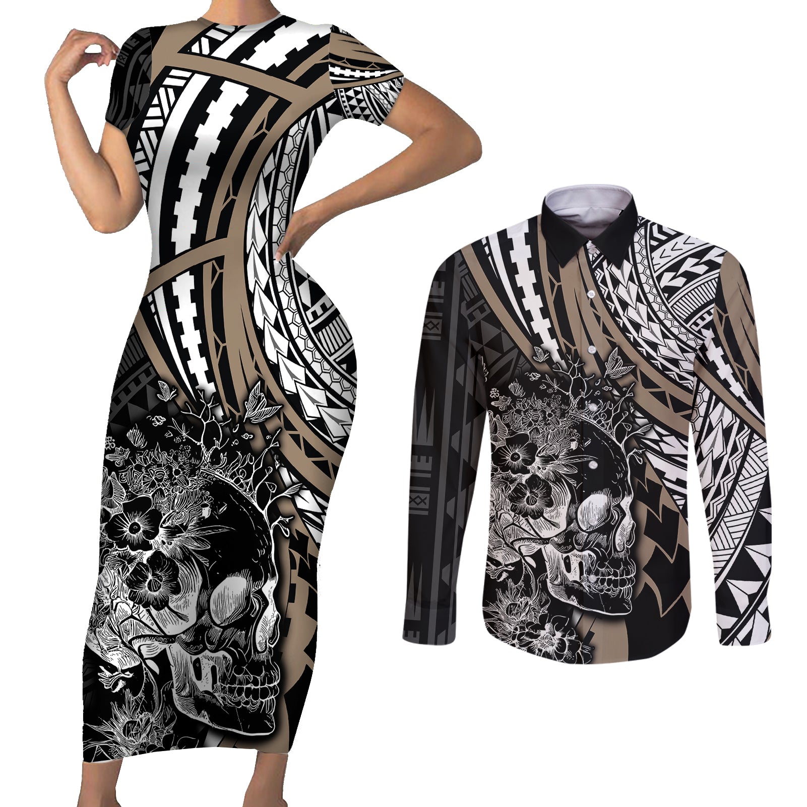 Personalised Polynesia Skull Couples Matching Short Sleeve Bodycon Dress and Long Sleeve Button Shirts Tattoo In The Style Of Maori With Marine Life Gold LT9 - Wonder Print Shop