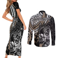 Personalised Polynesia Skull Couples Matching Short Sleeve Bodycon Dress and Long Sleeve Button Shirts Tattoo In The Style Of Maori With Marine Life Gold LT9 - Wonder Print Shop