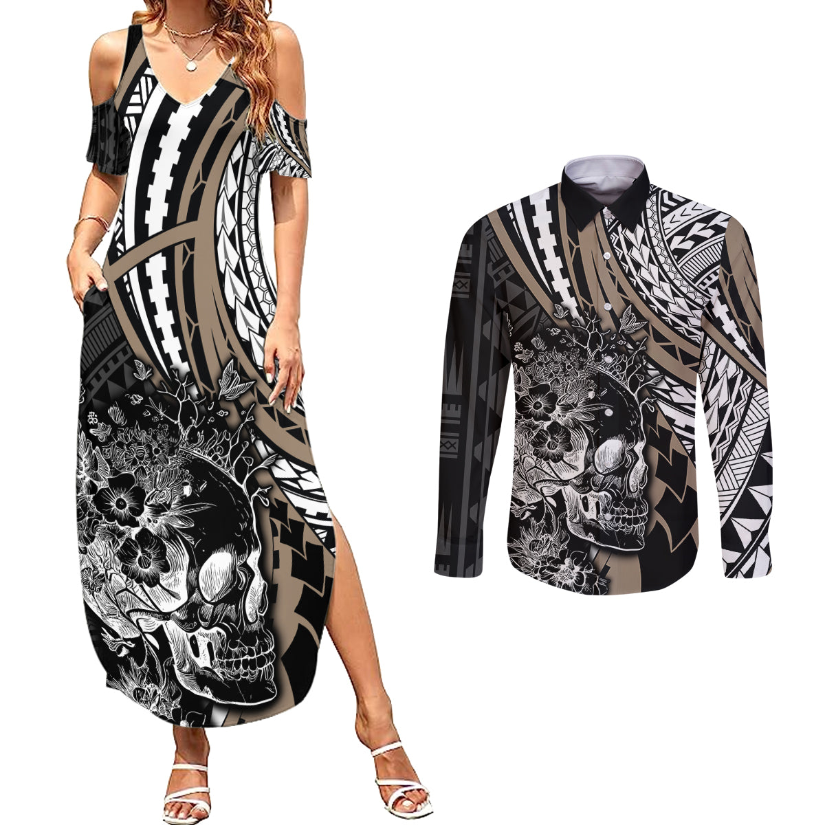 Personalised Polynesia Skull Couples Matching Summer Maxi Dress and Long Sleeve Button Shirts Tattoo In The Style Of Maori With Marine Life Gold LT9 - Wonder Print Shop