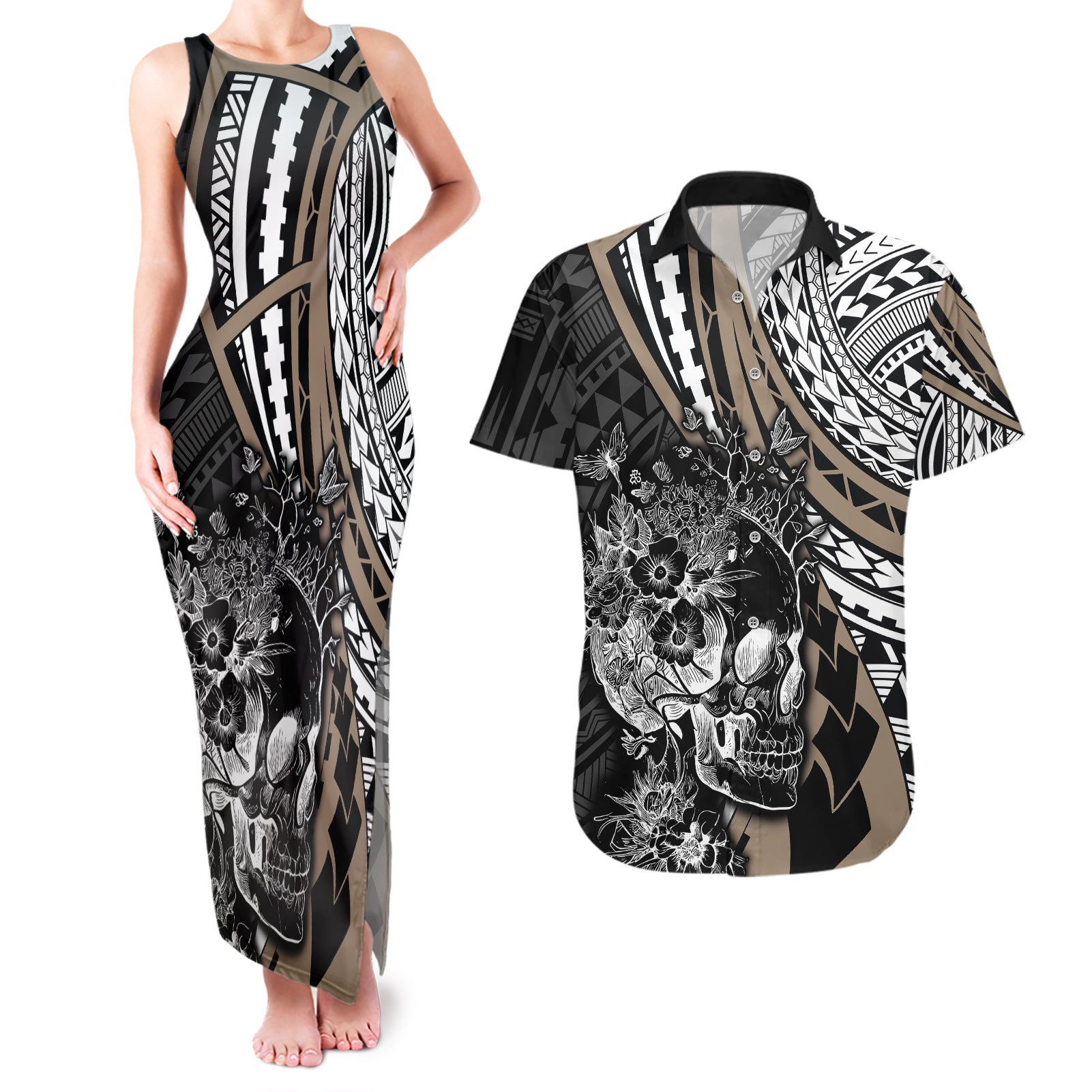 Personalised Polynesia Skull Couples Matching Tank Maxi Dress and Hawaiian Shirt Tattoo In The Style Of Maori With Marine Life Gold LT9 - Wonder Print Shop