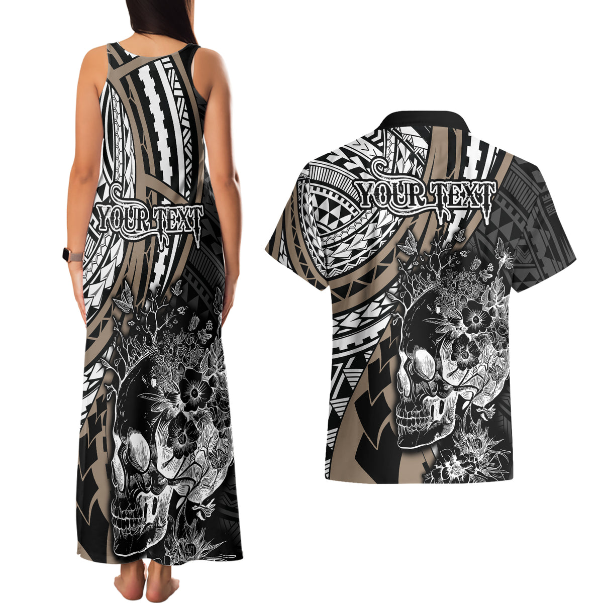 Personalised Polynesia Skull Couples Matching Tank Maxi Dress and Hawaiian Shirt Tattoo In The Style Of Maori With Marine Life Gold LT9 - Wonder Print Shop