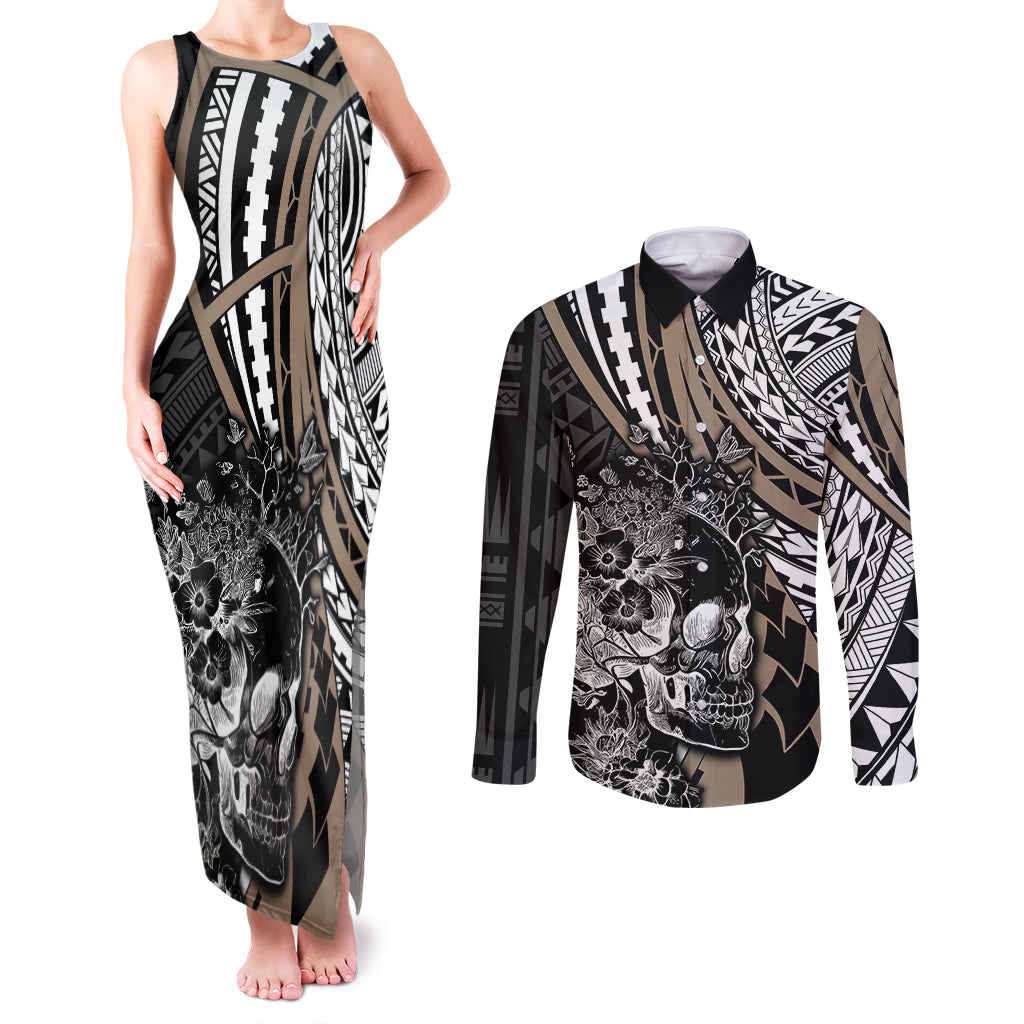 Personalised Polynesia Skull Couples Matching Tank Maxi Dress and Long Sleeve Button Shirts Tattoo In The Style Of Maori With Marine Life Gold LT9 - Wonder Print Shop