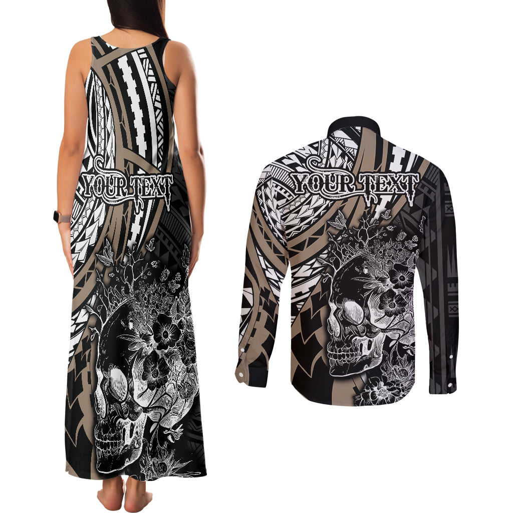 Personalised Polynesia Skull Couples Matching Tank Maxi Dress and Long Sleeve Button Shirts Tattoo In The Style Of Maori With Marine Life Gold LT9 - Wonder Print Shop