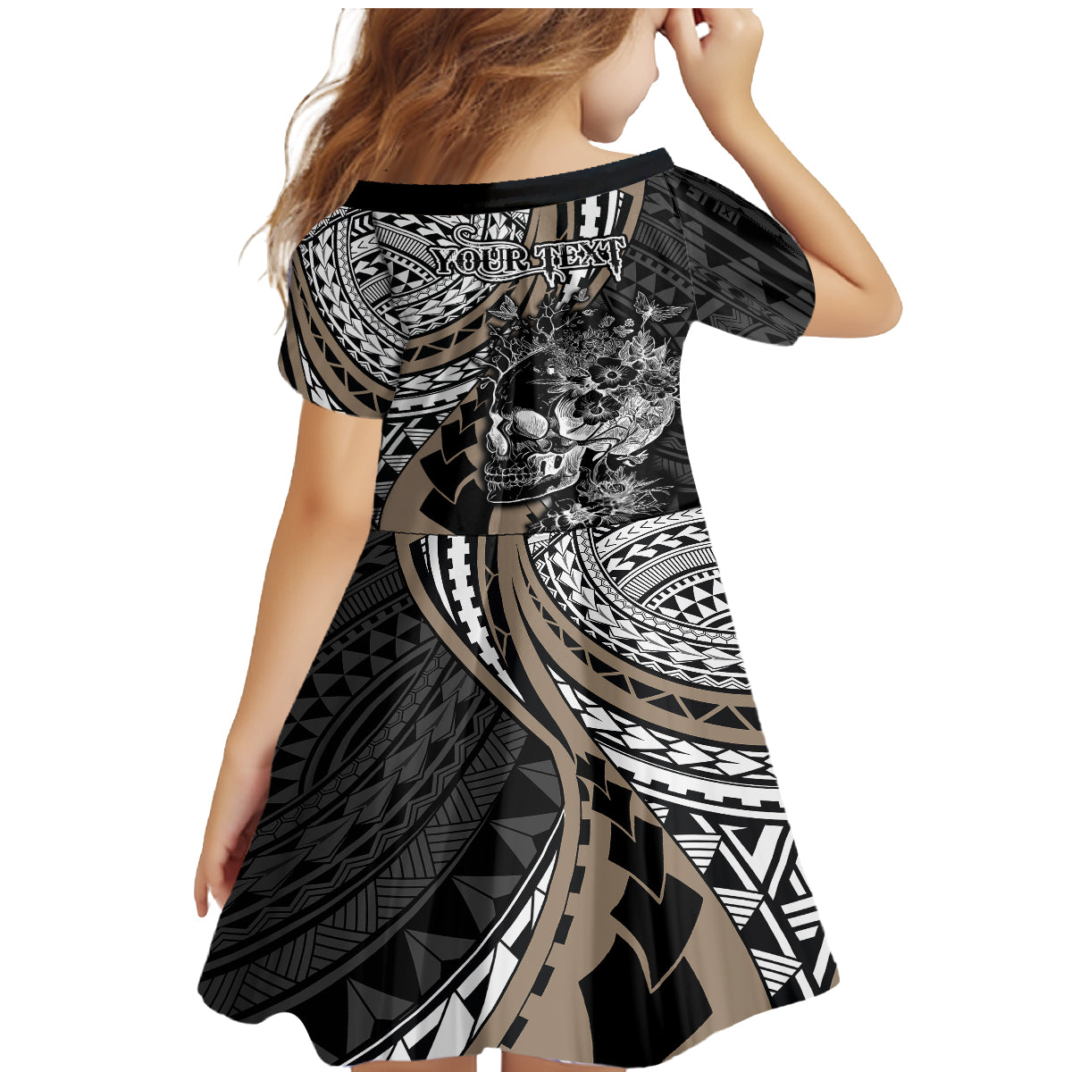 Personalised Polynesia Skull Family Matching Mermaid Dress and Hawaiian Shirt Tattoo In The Style Of Maori With Marine Life Gold LT9 - Wonder Print Shop