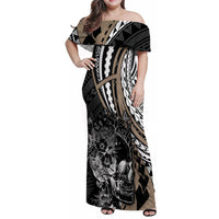 Personalised Polynesia Skull Family Matching Off Shoulder Maxi Dress and Hawaiian Shirt Tattoo In The Style Of Maori With Marine Life Gold LT9 - Wonder Print Shop