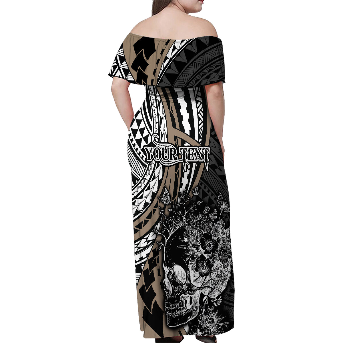 Personalised Polynesia Skull Family Matching Off Shoulder Maxi Dress and Hawaiian Shirt Tattoo In The Style Of Maori With Marine Life Gold LT9 - Wonder Print Shop