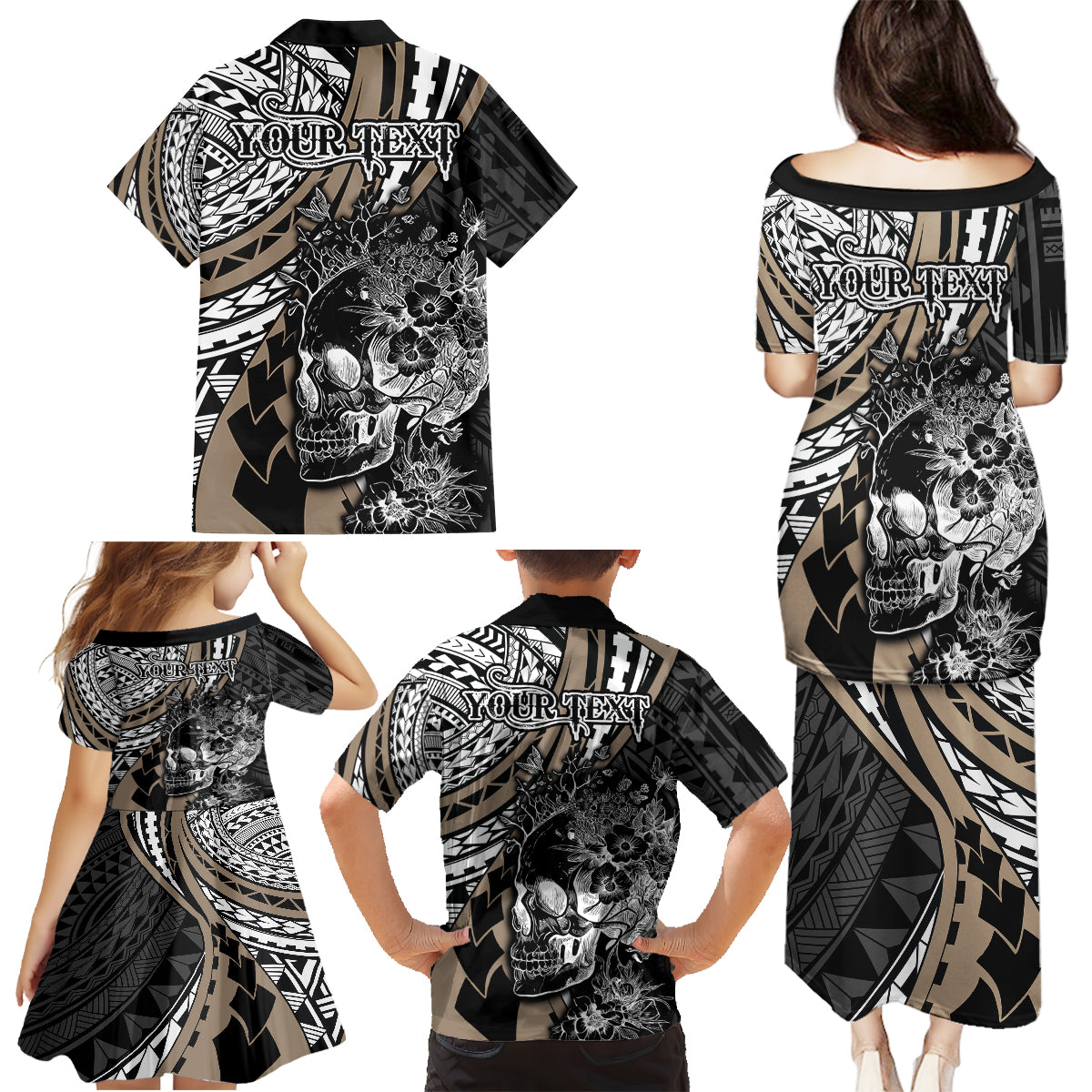 Personalised Polynesia Skull Family Matching Puletasi Dress and Hawaiian Shirt Tattoo In The Style Of Maori With Marine Life Gold - Wonder Print Shop
