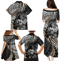 Personalised Polynesia Skull Family Matching Puletasi Dress and Hawaiian Shirt Tattoo In The Style Of Maori With Marine Life Gold - Wonder Print Shop