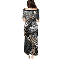 Personalised Polynesia Skull Family Matching Puletasi Dress and Hawaiian Shirt Tattoo In The Style Of Maori With Marine Life Gold - Wonder Print Shop