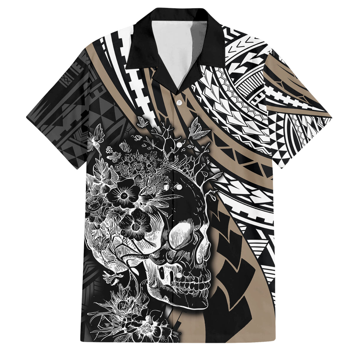 Personalised Polynesia Skull Hawaiian Shirt Tattoo In The Style Of Maori With Marine Life Gold - Wonder Print Shop
