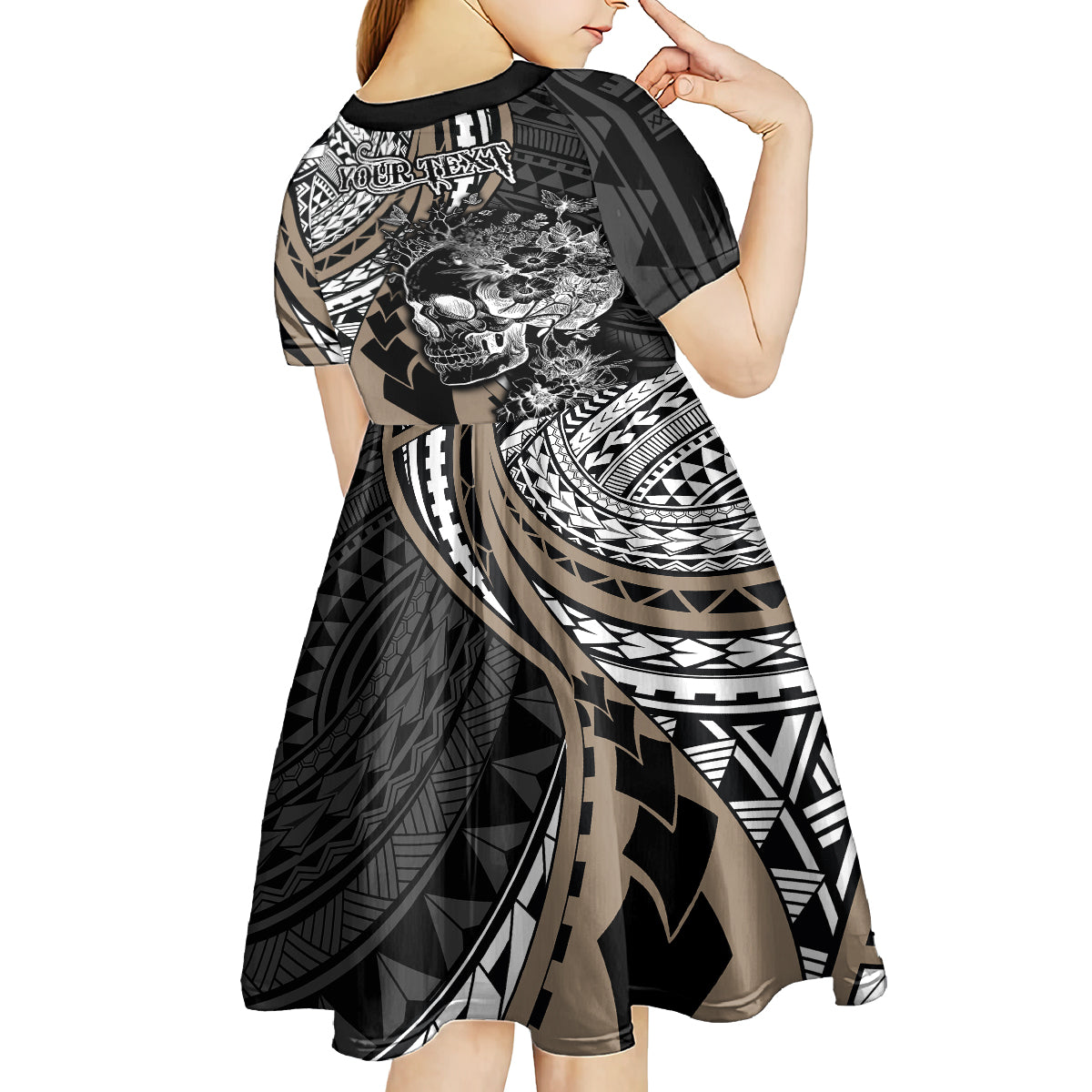 Personalised Polynesia Skull Kid Short Sleeve Dress Tattoo In The Style Of Maori With Marine Life Gold - Wonder Print Shop