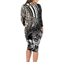 Personalised Polynesia Skull Long Sleeve Bodycon Dress Tattoo In The Style Of Maori With Marine Life Gold - Wonder Print Shop