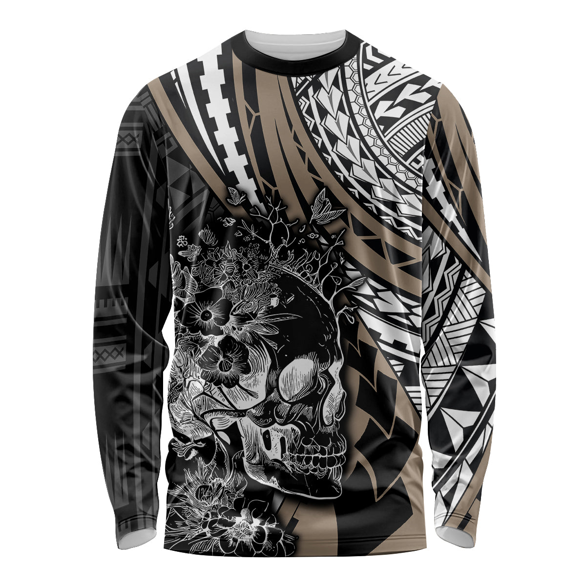 Personalised Polynesia Skull Long Sleeve Shirt Tattoo In The Style Of Maori With Marine Life Gold - Wonder Print Shop