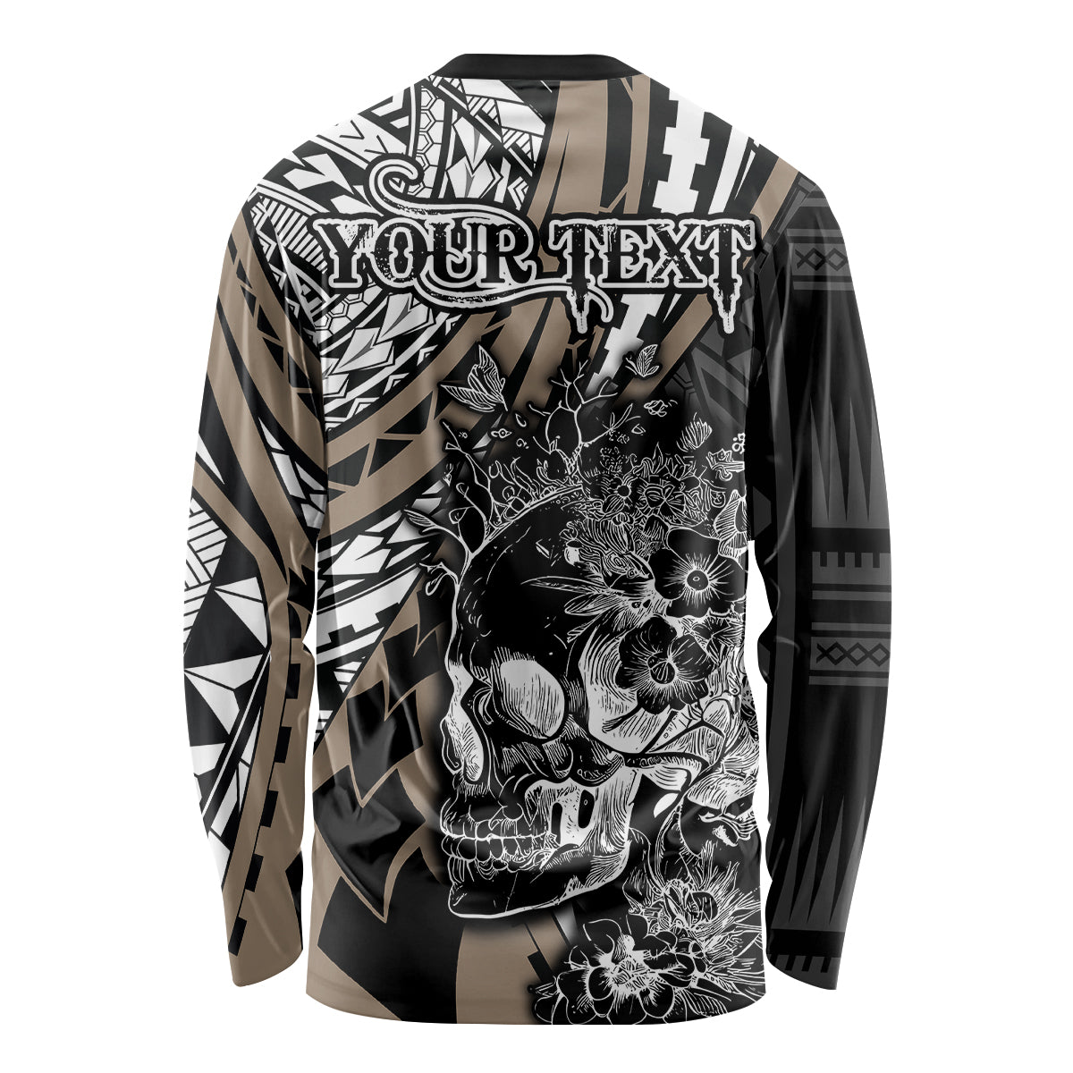 Personalised Polynesia Skull Long Sleeve Shirt Tattoo In The Style Of Maori With Marine Life Gold - Wonder Print Shop