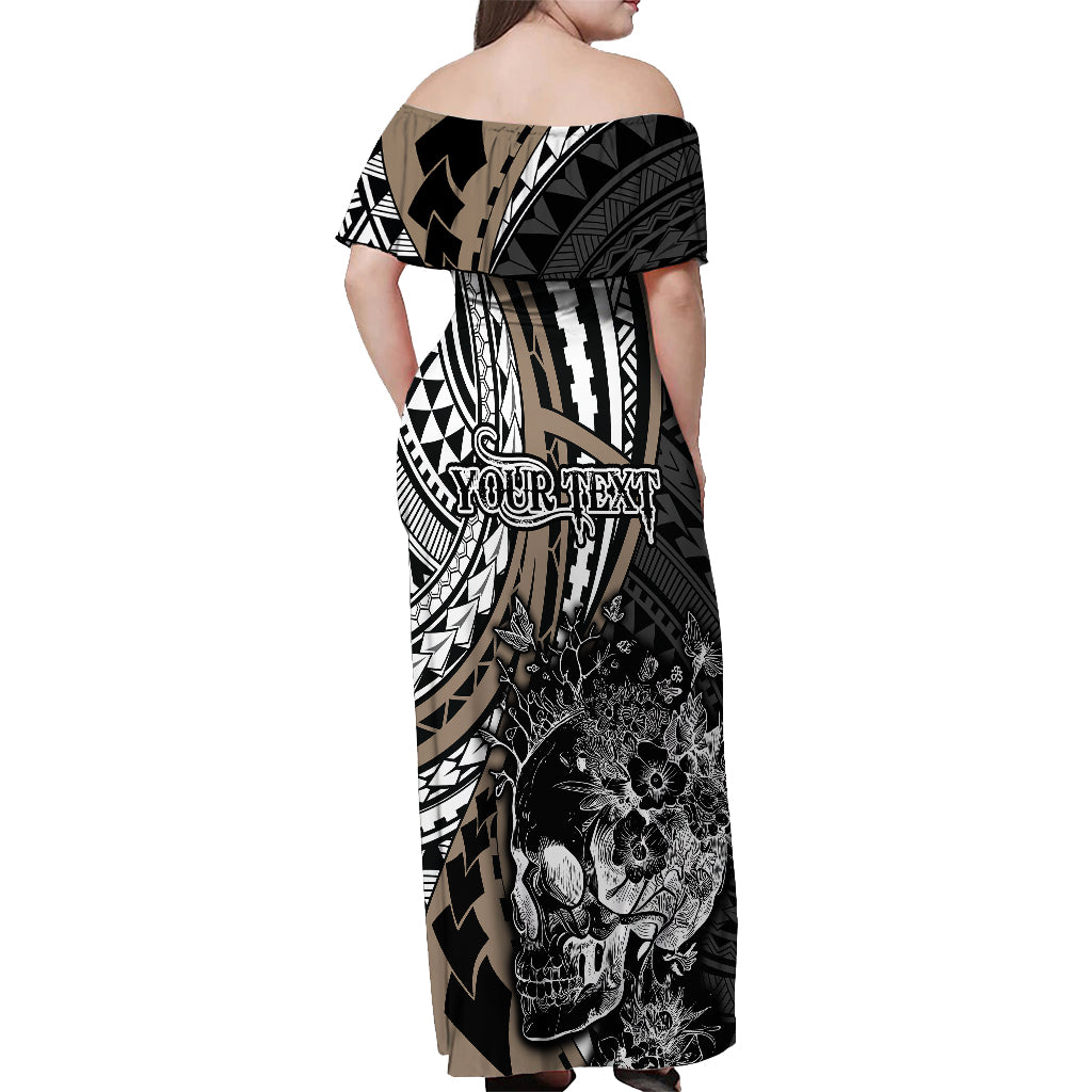 Personalised Polynesia Skull Off Shoulder Maxi Dress Tattoo In The Style Of Maori With Marine Life Gold - Wonder Print Shop