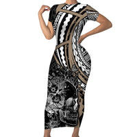 Personalised Polynesia Skull Short Sleeve Bodycon Dress Tattoo In The Style Of Maori With Marine Life Gold - Wonder Print Shop