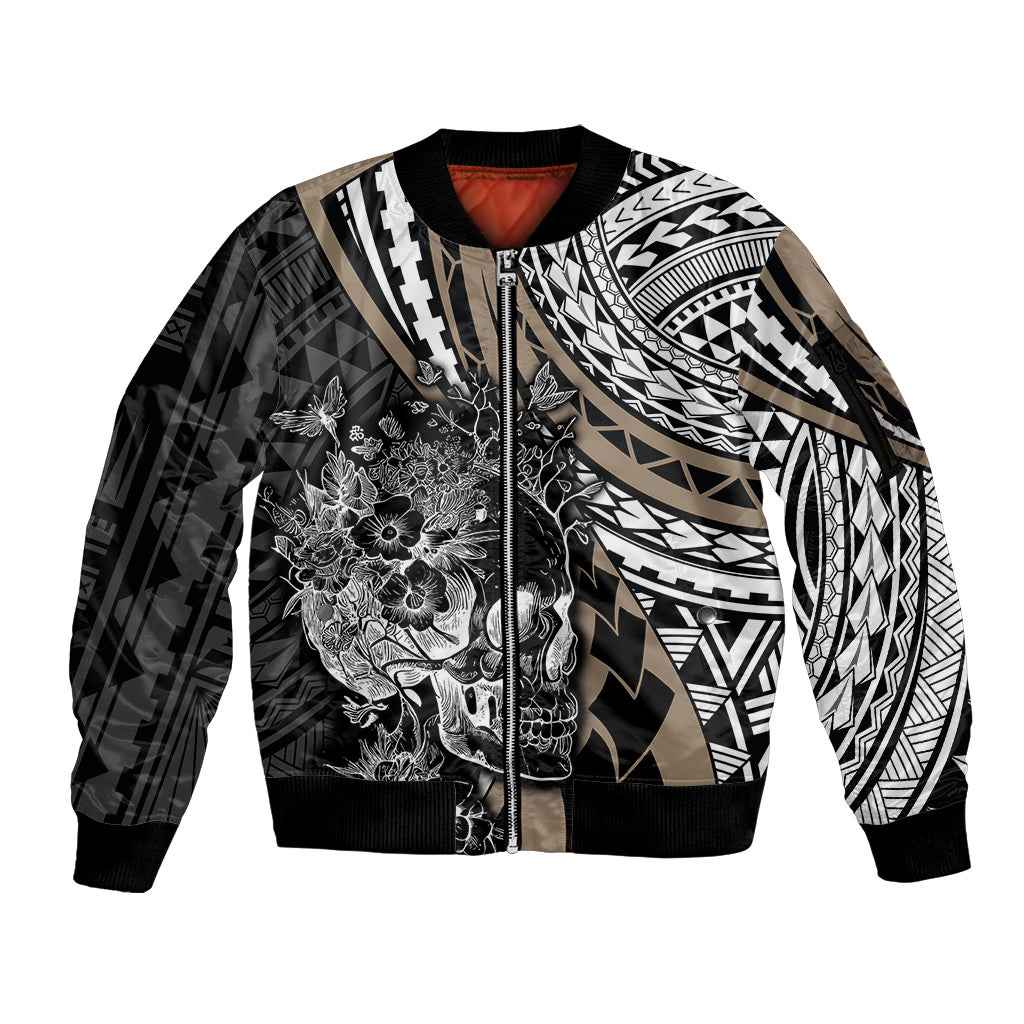 Personalised Polynesia Skull Sleeve Zip Bomber Jacket Tattoo In The Style Of Maori With Marine Life Gold - Wonder Print Shop